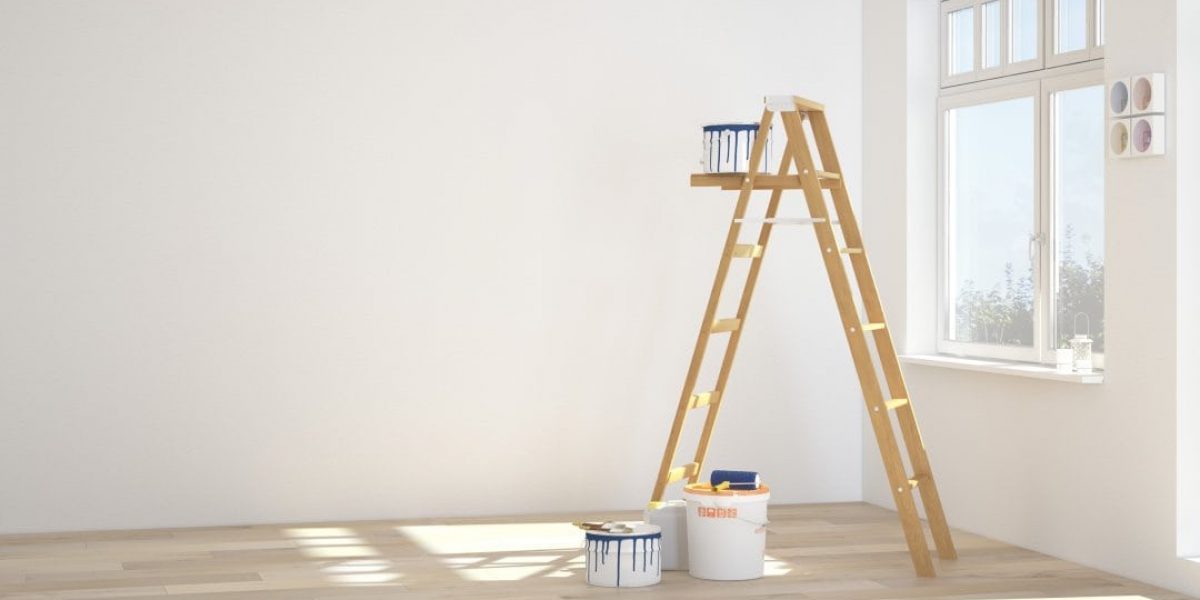 Painting walls in room with ladder. 3d rendering